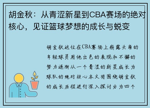胡金秋：从青涩新星到CBA赛场的绝对核心，见证篮球梦想的成长与蜕变
