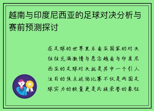 越南与印度尼西亚的足球对决分析与赛前预测探讨