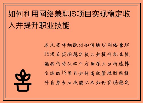 如何利用网络兼职IS项目实现稳定收入并提升职业技能