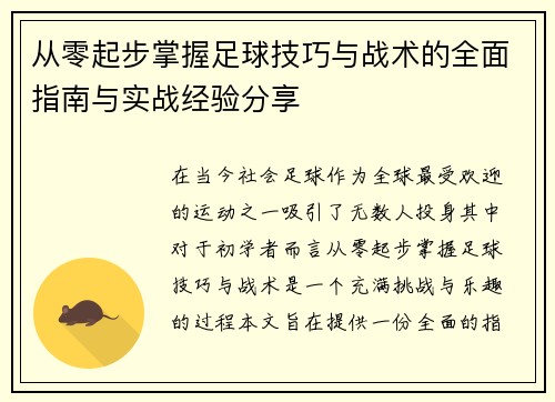 从零起步掌握足球技巧与战术的全面指南与实战经验分享